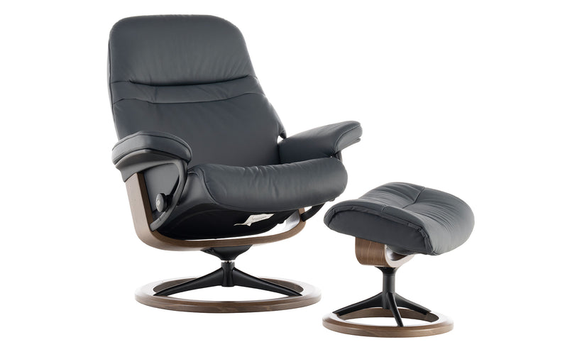 Stressless Shadow Blue Sunrise Chair and Ottoman (Medium)